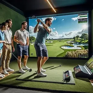 Golfers enjoying an advanced indoor golf simulator experience with Fairways of Eden, featuring realistic course visuals and professional training.