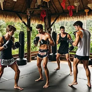 Group of golfers practicing Muay Thai in a tropical setting, organized by Fairways of Eden in Thailand