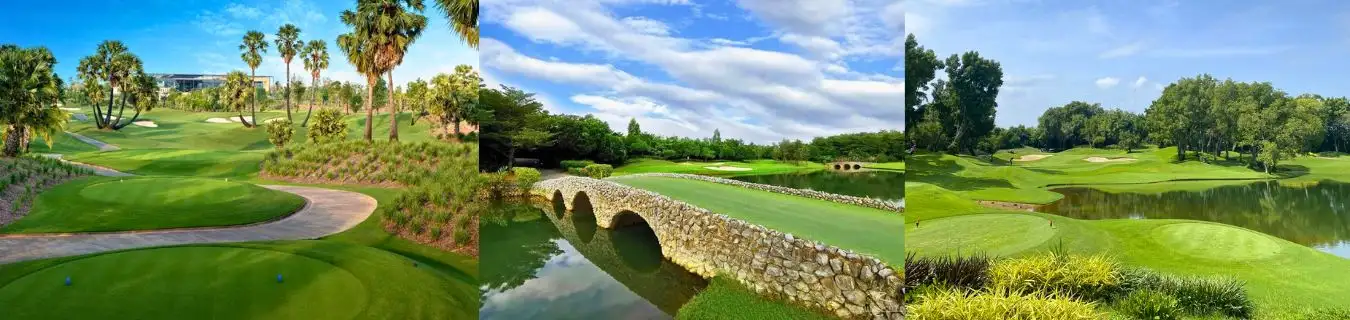 Golf Course Thailand Bangkok – Beautiful Fairways and Tropical Scenery Collage of premium golf courses in Bangkok, Thailand, featuring lush fairways, scenic water features, and iconic bridges, representing top golfing destinations with Fairways of Eden.