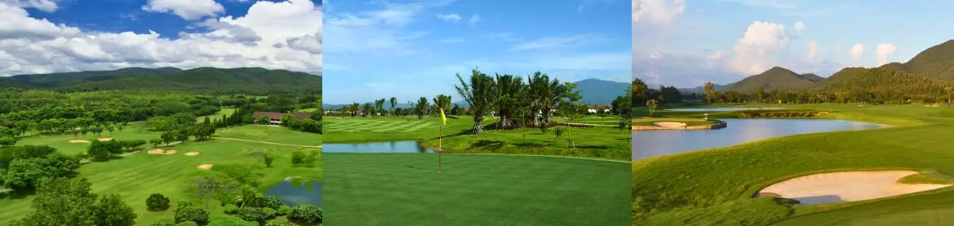 Chiang Mai Golf Thailand – Mountain Views and Peaceful Golf Courses in Northern Thailand Collage of golf courses in Chiang Mai, Thailand, featuring lush greenery, mountain backdrops, and water features, offered by Fairways of Eden.