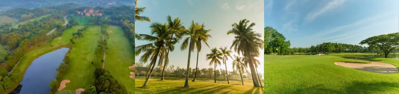 Chiang Rai Golf Thailand – Peaceful Northern Golf Courses with Tropical Views Collage of golf courses in Chiang Rai, Thailand, featuring river views, palm trees, and open fairways in a peaceful natural setting, presented by Fairways of Eden.