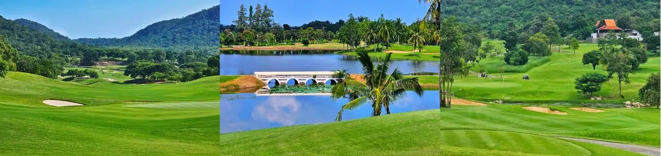 Hua Hin Golf Courses Thailand – Scenic Mountain Golf and Coastal Charm Collage of top golf courses in Hua Hin, Thailand, showcasing mountain backdrops, lakeside fairways, tropical palm trees, and serene greens offered by Fairways of Eden.