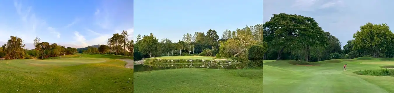 Kanchanaburi Golf Course Thailand – Riverside Golf and Natural Mountain Scenery Collage of golf courses in Kanchanaburi, Thailand, showing sunset-lit fairways, forested surroundings, and serene greens, featured by Fairways of Eden.