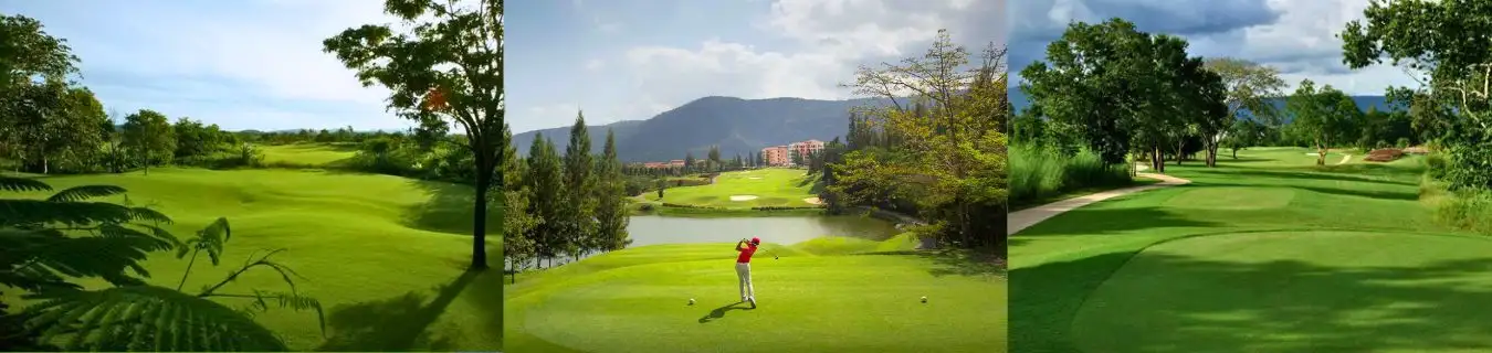 Khao Yai Golf Course Thailand – Mountain Views and Natural Fairways Collage of golf courses in Khao Yai, Thailand, with jungle-lined fairways, mountainous backdrops, and a golfer teeing off, featured by Fairways of Eden.