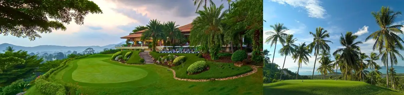 Koh Samui Golf Course Thailand – Ocean View Fairways and Tropical Golf Paradise Collage of tropical golf scenes in Koh Samui, Thailand, featuring a lush green course with palm trees, ocean views, and a clubhouse nestled in the hills, by Fairways of Eden.