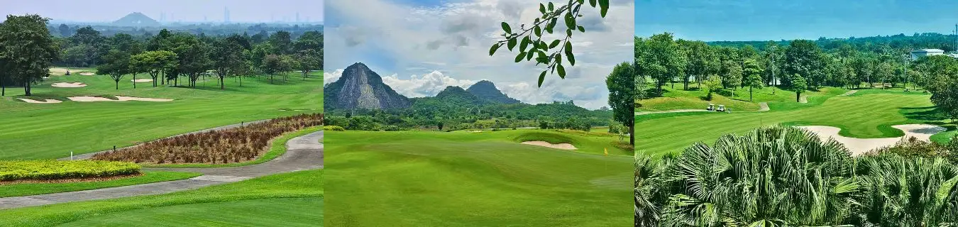Pattaya Golf Courses Thailand – Championship Fairways and Scenic Mountain Views Collage of golf courses in Pattaya, Thailand, featuring mountain views, palm trees, wide fairways, and lush tropical settings, representing top picks by Fairways of Eden.
