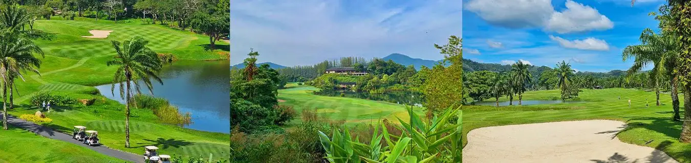 Phuket Golf Courses Thailand – Scenic Fairways and Tropical Golf Views Collage of scenic golf courses in Phuket, Thailand, featuring tropical palm trees, lush fairways, water hazards, and mountain views, offered by Fairways of Eden.