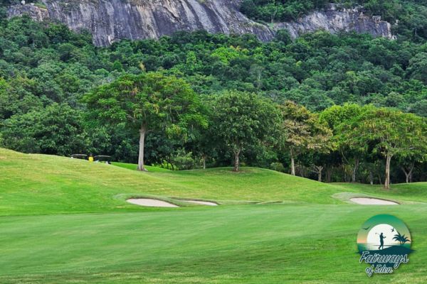 Fairway with sand bunkers at Black Mountain Golf Club surrounded by dense forest